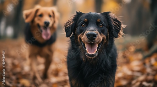 Obraz na płótnie Smiling Black Dog Portrait with Brown Dog Background in Autumnal Outdoor Setting w salonie