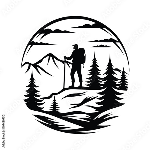 Silhouette Hiker with Backpack and Trekking Pole in Mountain Landscape Circle