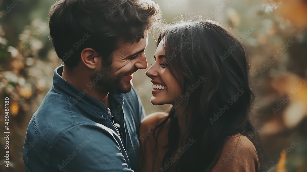 Smiling Couple in Love Enjoying Quality Time Outdoors in a Warm Autumnal Setting