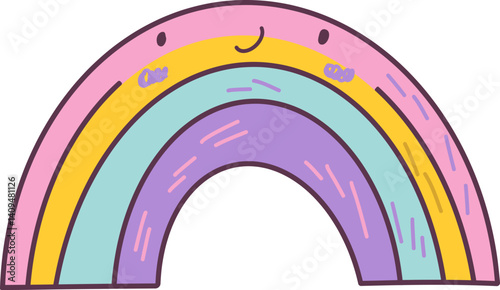 Kawaii smiling rainbow on transparent background. Good for scrapbooking, prints, patterns, children posters.