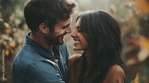 Obraz na płótnie Smiling Couple in Love Enjoying Quality Time Outdoors in a Warm Autumnal Setting w salonie