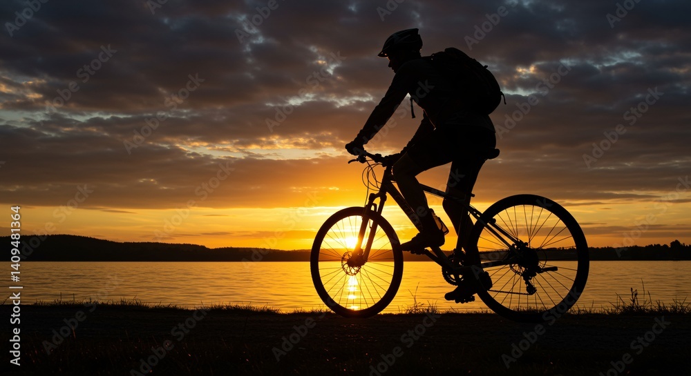 Obraz premium Silhouette of cyclist enjoying sunset by lake.
