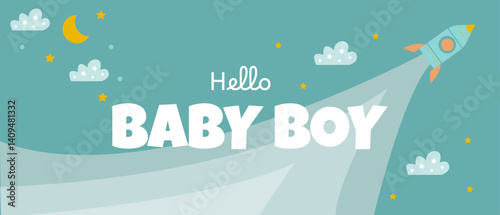 vector banner hello Baby boy with cute rocket and stars