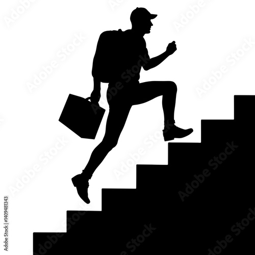 Courier running upstairs with package silhouette, determination in motion