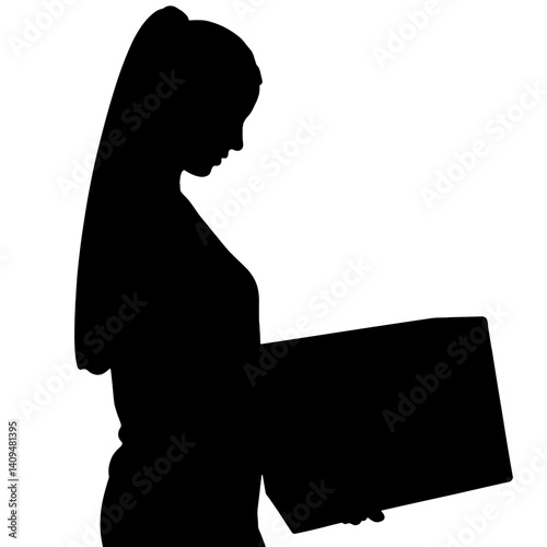 Silhouette of woman opening delivery package against white background, anticipation