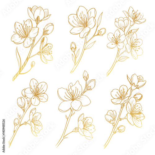 
set, golden, sakura, cherry, blooming, branch, collection, icon, logo, symbol, sign, silhouette, gradient, flowers,