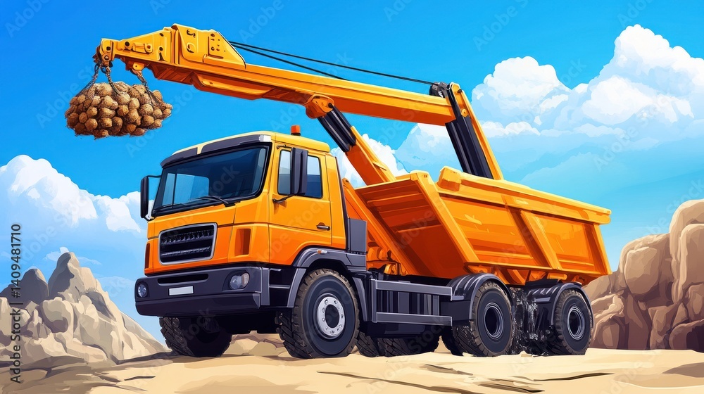 Orange dump truck with crane lifting rocks. Orange dump truck with crane lifting rocks.