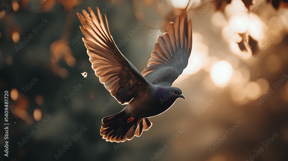 Soaring Pigeon in Sunlight Showing Wings in Blurred Brown Toned Background