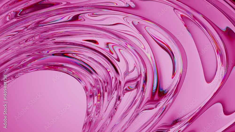 Abstract minimalist pink background. Endless fast transformation of a ribbed liquid glass. Looping 3D animation