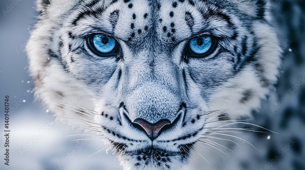 Snow Leopard Head Close Up with Intense Blue Eyes and White Fur Background