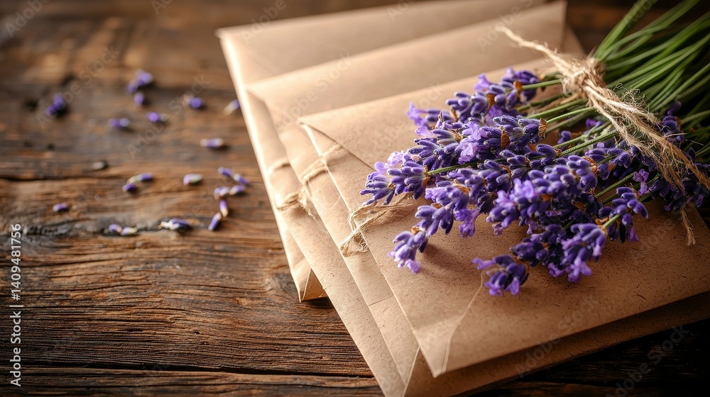 Lavender Bouquet on Rustic Wooden Table with Kraft Envelopes Lavender Bouquet on Rustic Wooden Table with Kraft Envelopes