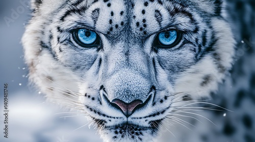 Obraz na płótnie Snow Leopard Head Close Up with Intense Blue Eyes and White Fur Background w salonie