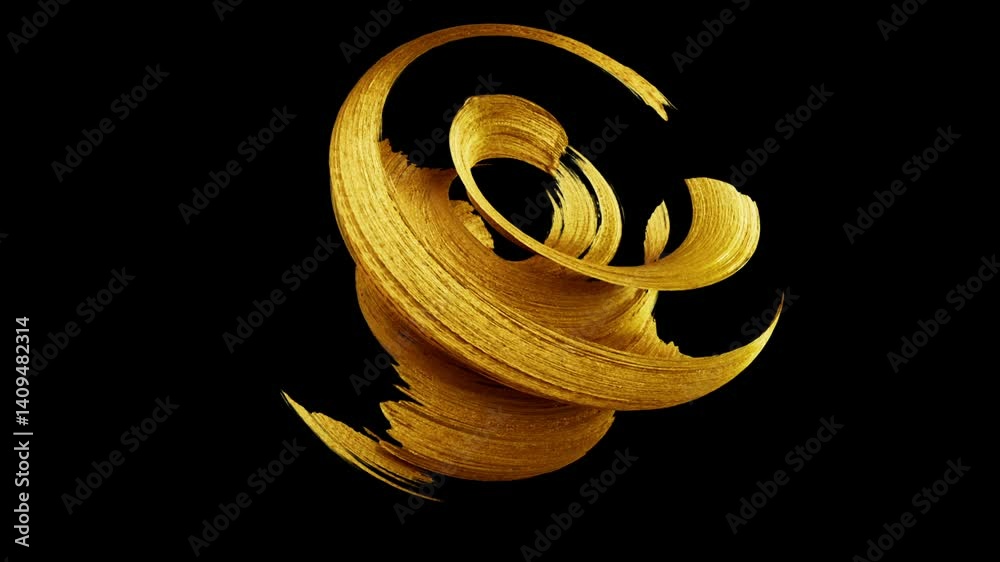 looping 3d animation, spinning gold gouache brush stroke isolated on black background, paint smear, artistic splash. Abstract creative design element