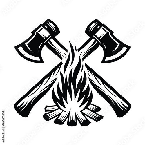 Crossed Axes with Campfire Silhouette, Black and White Isolated on White
