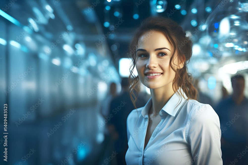 Smiling woman stands confidently in a modern, dimly lit corridor during an evening event Smiling woman stands confidently in a modern, dimly lit corridor during an evening event