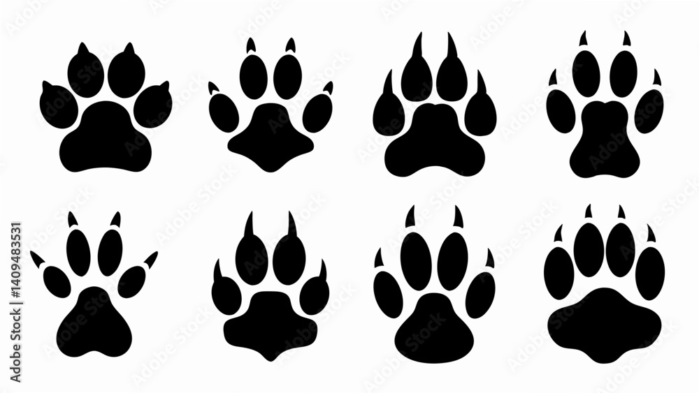 Fototapeta premium set of different animal paw print silhouette vector on white background