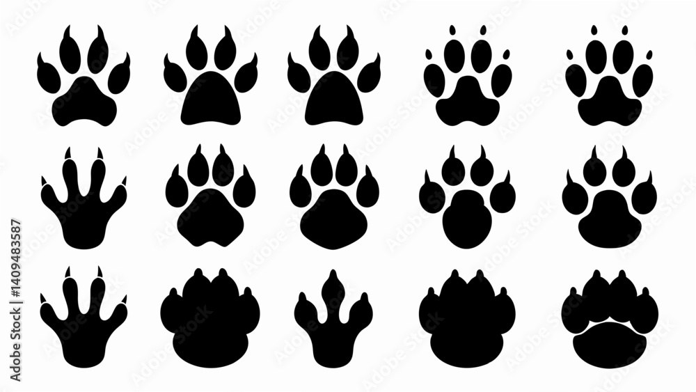 Fototapeta premium set of different animal paw print silhouette vector on white background