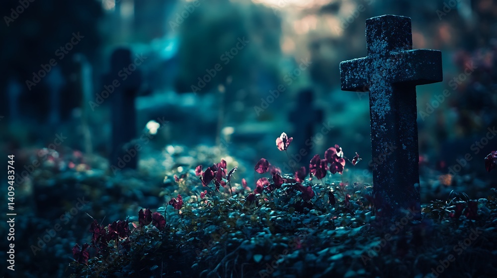 Stone Crosses and Colorful Flowers at Dusk in a Peaceful Cemetery Setting