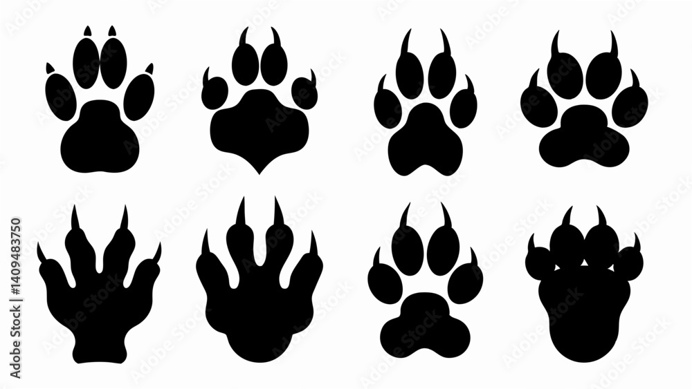Fototapeta premium set of different animal paw print silhouette vector on white background