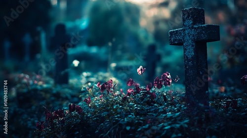 Obraz na płótnie Stone Crosses and Colorful Flowers at Dusk in a Peaceful Cemetery Setting w salonie