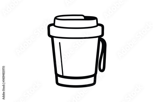 Black And White Line Art Illustration Of A Reusable Travel Mug With Lid For Coffee And Drinks