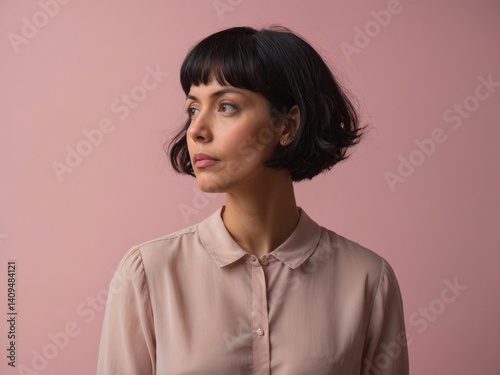 Young woman with short black hair looking up with a questioning expression