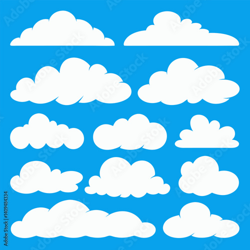 Vector Set of Cartoon Cloud Shapes – Flat White Clouds on Blue Sky Background.