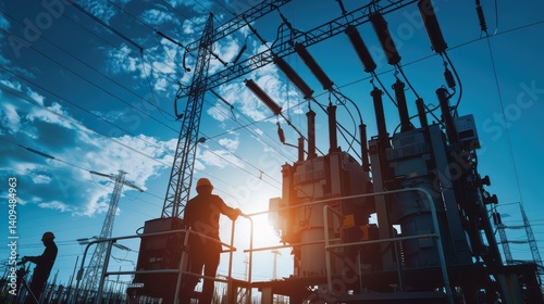 Workers repairing machinery in an electric power plant. photo