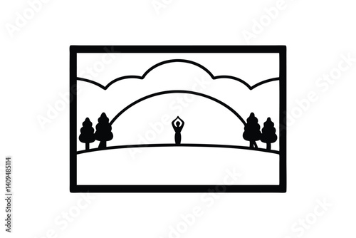 Minimalist Yoga In Nature Line Art Design Framed By Black Border With Mountains And Trees