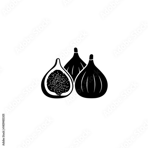 Vector illustration of two whole and one cut in half fig fruit. Fig Monday soncept, dessert, vegan and vegetarian food ingredients. Biodiversity concept