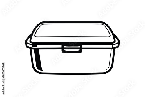 Black And White Vector Outline Illustration Of A Food Storage Container For Lunch Or Leftovers