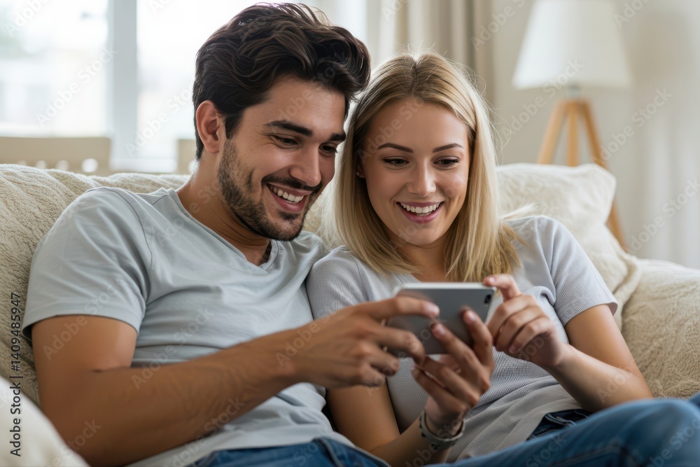 Happy young couple relaxing together on sofa while searching the internet on smart phone.