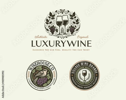 Vintage classic luxury Wine Brewery logo template for bar and restaurant
