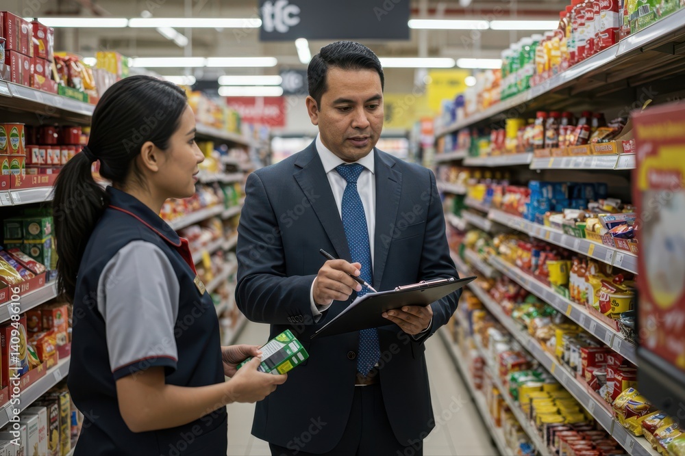 Latin American business manager training a new retail clerk at a supermarket - new job concepts