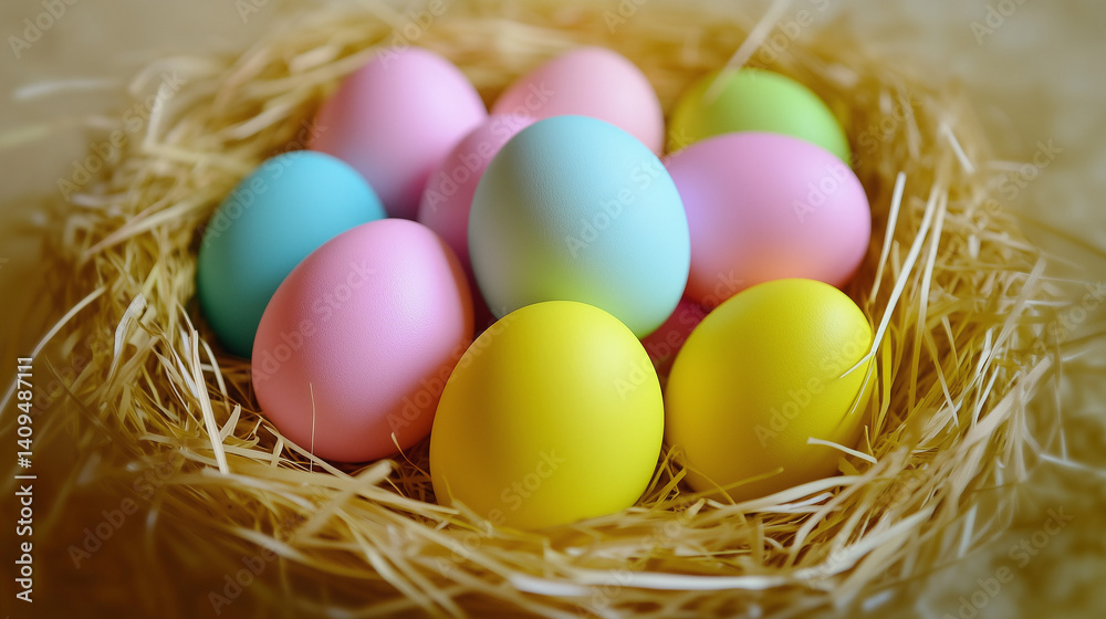 Pastel Easter eggs in straw nest for greeting cards, packaging, blogs, stories and seasonal promotions Pastel Easter eggs in straw nest for greeting cards, packaging, blogs, stories and seasonal promotions