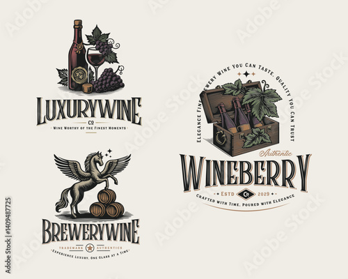 Vintage classic luxury Wine Brewery logo template for bar and restaurant