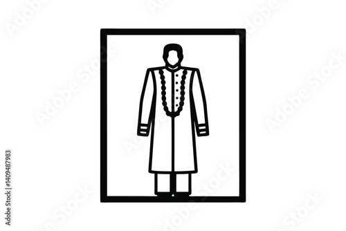 Simple Black And White Icon Of Man In Sherwani Festive Indian Outfit In A Frame