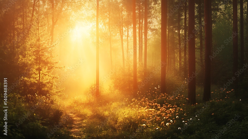 Sunlit Forest Path with Golden Light and Green Trees during Daytime Sunlit Forest Path with Golden Light and Green Trees during Daytime
