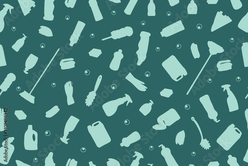 Seamless pattern with cleaning products on a blue background. Drawing for packaging, business cards and wallpaper. Image of a bucket, rags, brushes, detergents and household items. Vector illustration