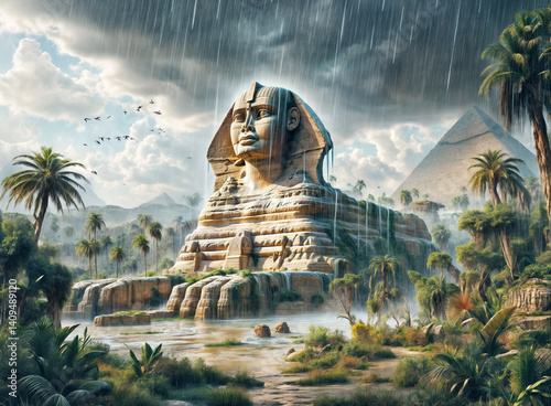 The Sphinx of Giza suffering erosion caused by rain during the Green Sahara era.