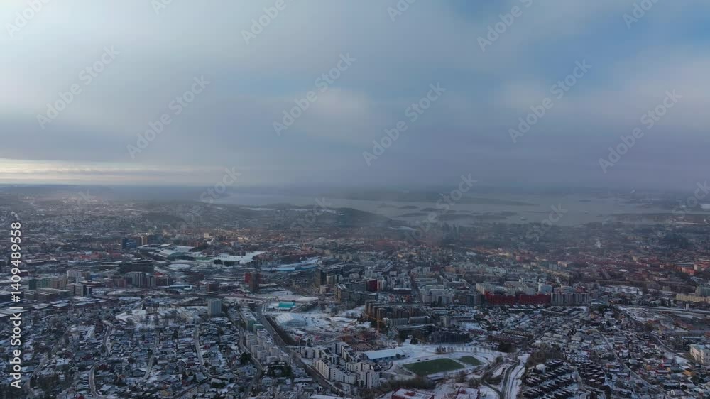 Oslo Fjord downtown cityscape Norge Norway aerial drone Gamle Tonsengagen Bjerke Arvoll morning buildings cars traffic highway roads snowing snow flakes cold cloudy winter day gray skies static Oslo Fjord downtown cityscape Norge Norway aerial drone Gamle Tonsengagen Bjerke Arvoll morning buildings cars traffic highway roads snowing snow flakes cold cloudy winter day gray skies static