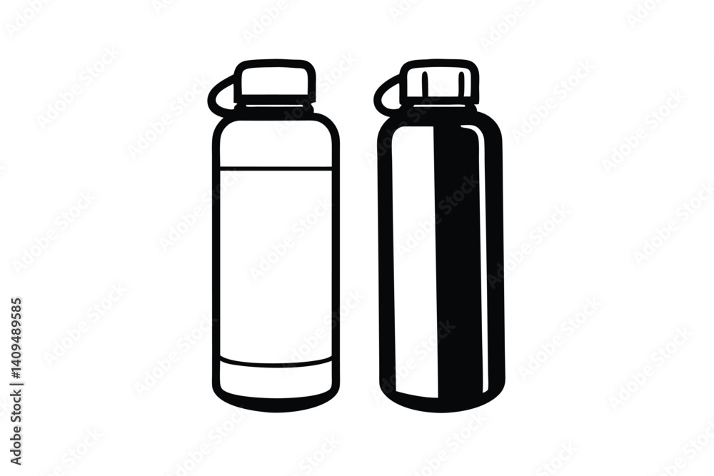 Minimalistic Black And White Vector Illustration Of Two Reusable Water Bottles For Sustainable Hydration Minimalistic Black And White Vector Illustration Of Two Reusable Water Bottles For Sustainable Hydration
