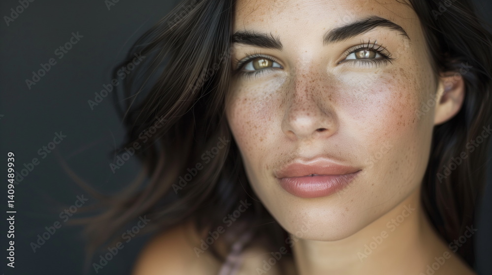 Fototapeta premium Portrait of a woman with radiant skin and natural beauty showcasing freckles and captivating eyes in soft lighting indoors
