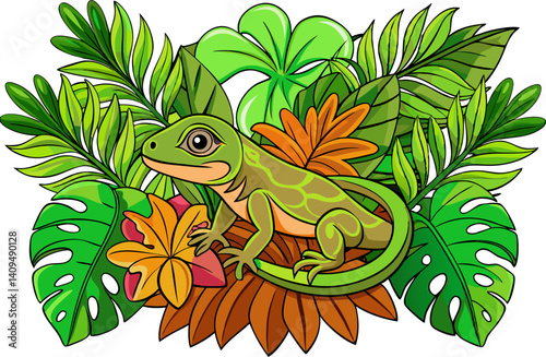 Tropical palm leaves, lizard botanical frame. Exotic jungle banner. iguana on the tree