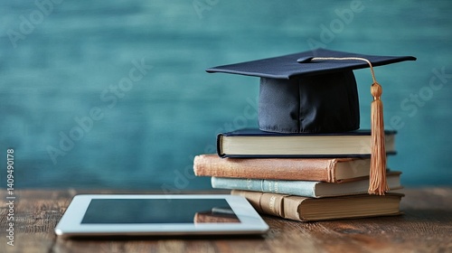 Graduation cap on a tablet with books set against a blue backdrop. -