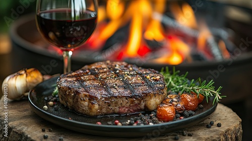 Grilled steak on a plate with wine and oil, surrounded by an outdoor BBQ with fire and cooked meat in the background. 
