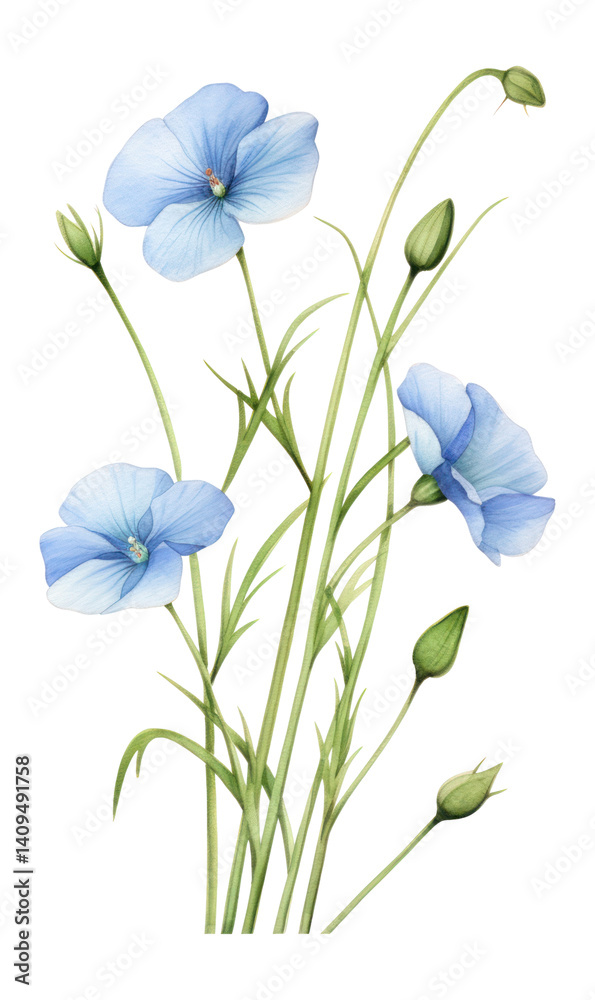 Naklejka premium PNG Blue Flax watercolor delicate painting.