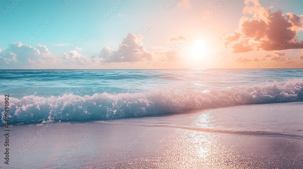 Sunset over the ocean with waves splashing on a sandy beach under a blue and pink sky
