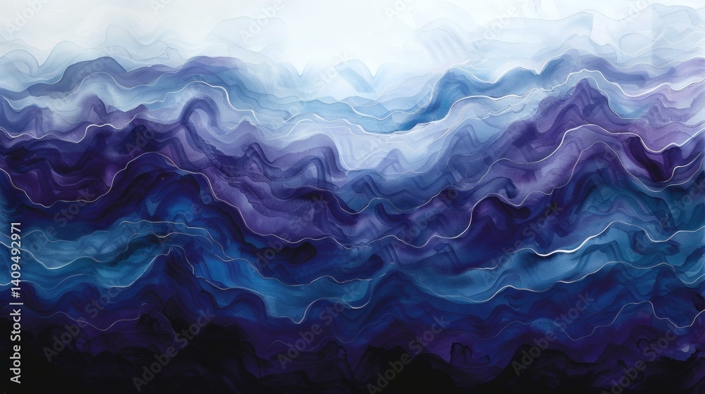 Obraz premium Abstract Watercolor Waves in Shades of Blue and Purple with Delicate White Lines for Wall Art or Backgrounds