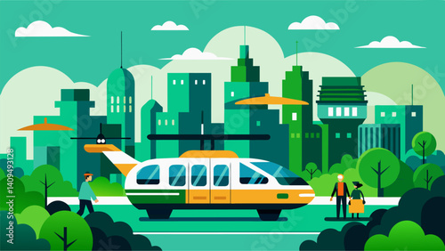 Against the backdrop of a lush green cityscape electric air taxis ferry passengers to greenroofed energyefficient buildings and urban organic farms.. Vector illustration